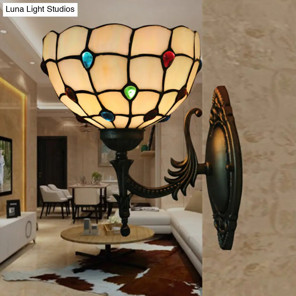 Tiffany Beige/Yellow Glass Wall Sconce Light With Bronze Finish - Flower/Bowl Design 1-Bulb