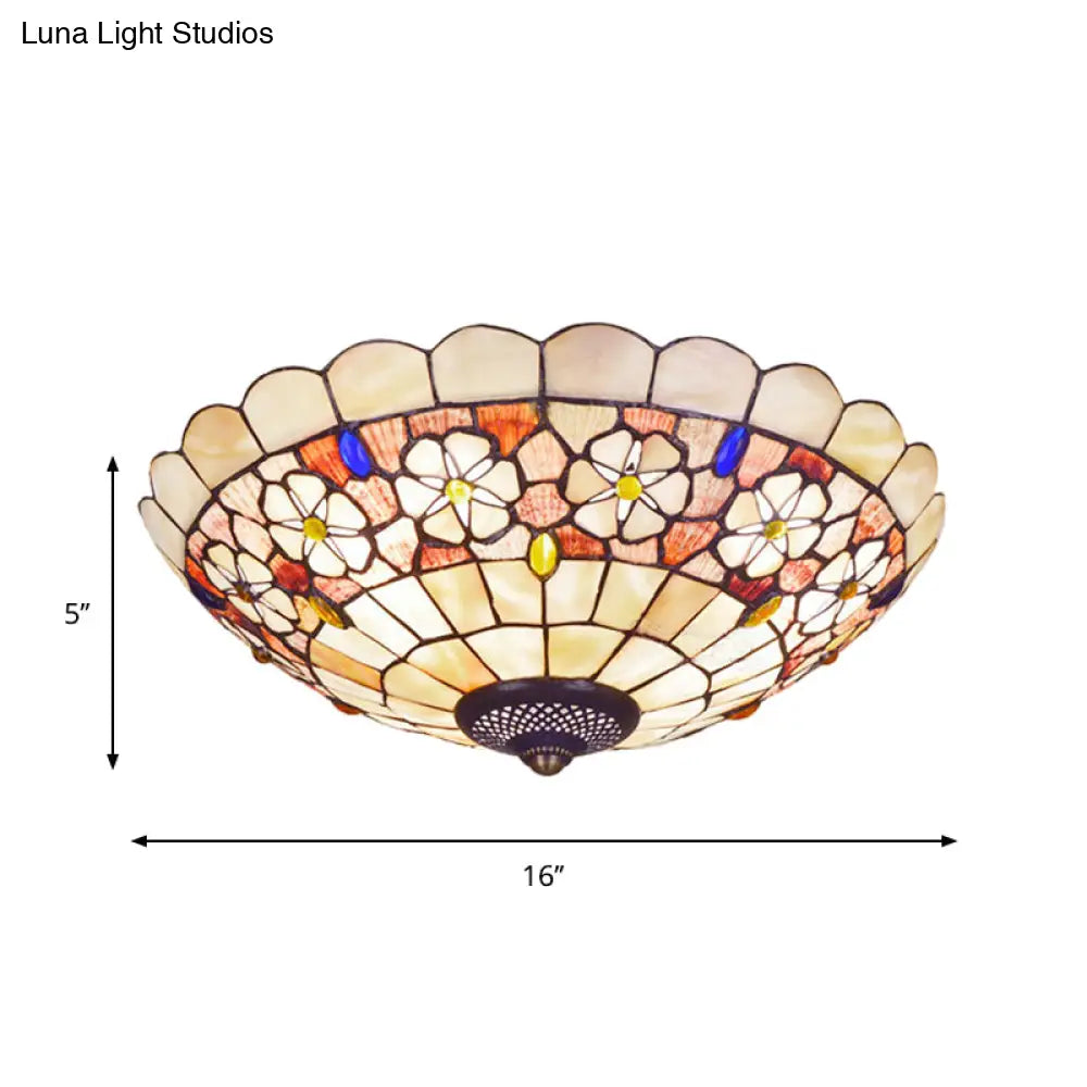 Tiffany Bowl Shell Ceiling Lamp With Blossom Pattern - 12’/21’ Dia 3/4 - Light Flush Mount Beige