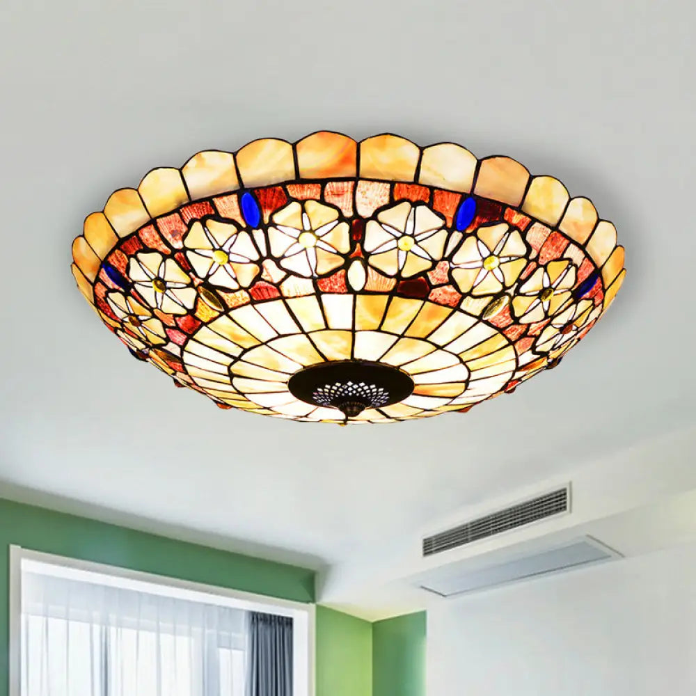 Tiffany Bowl Shell Ceiling Lamp With Blossom Pattern - 12’/21’ Dia 3/4 - Light Flush Mount