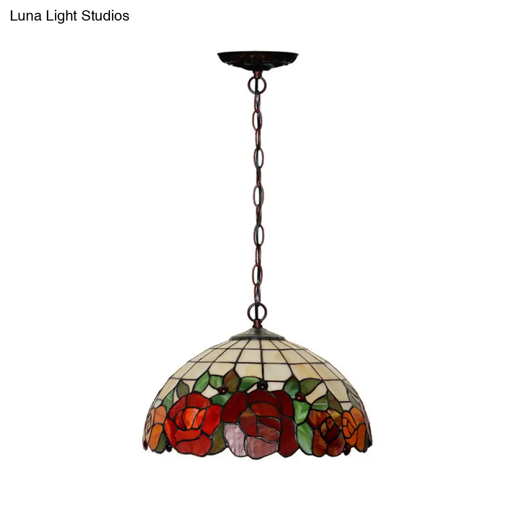 Tiffany Bronze Kitchen Chandelier With Red Cut Glass Shade - 2-Light Hanging Lamp Fixture