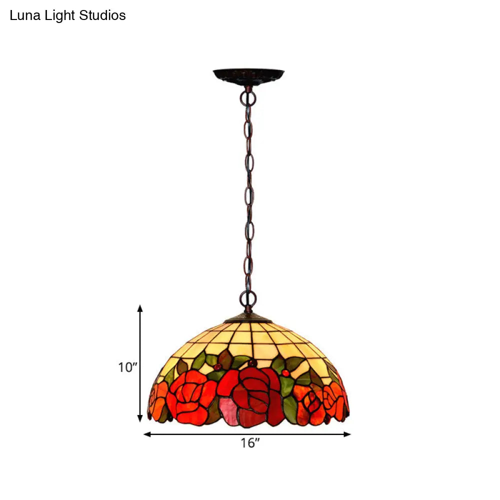 Tiffany Bronze Kitchen Chandelier With Red Cut Glass Shade - 2-Light Hanging Lamp Fixture