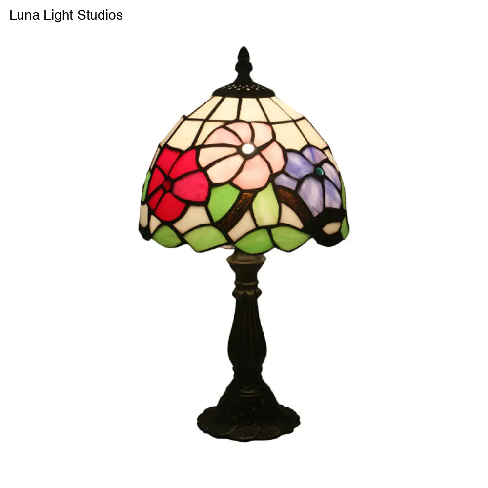 Tiffany Bronze Petal Patterned Nightstand Light With Stained Glass Shade