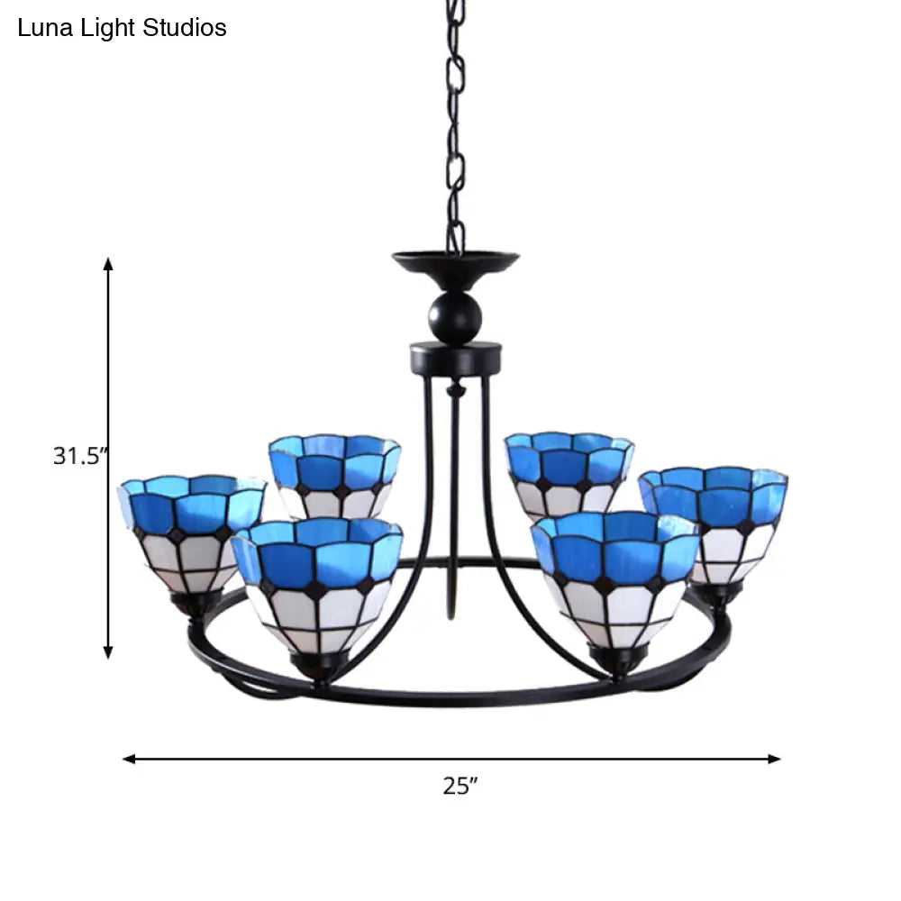 Tiffany Classic Chandelier: Metal Ring Suspension Light With Grid Bowl (6/8 Lights) In Blue And