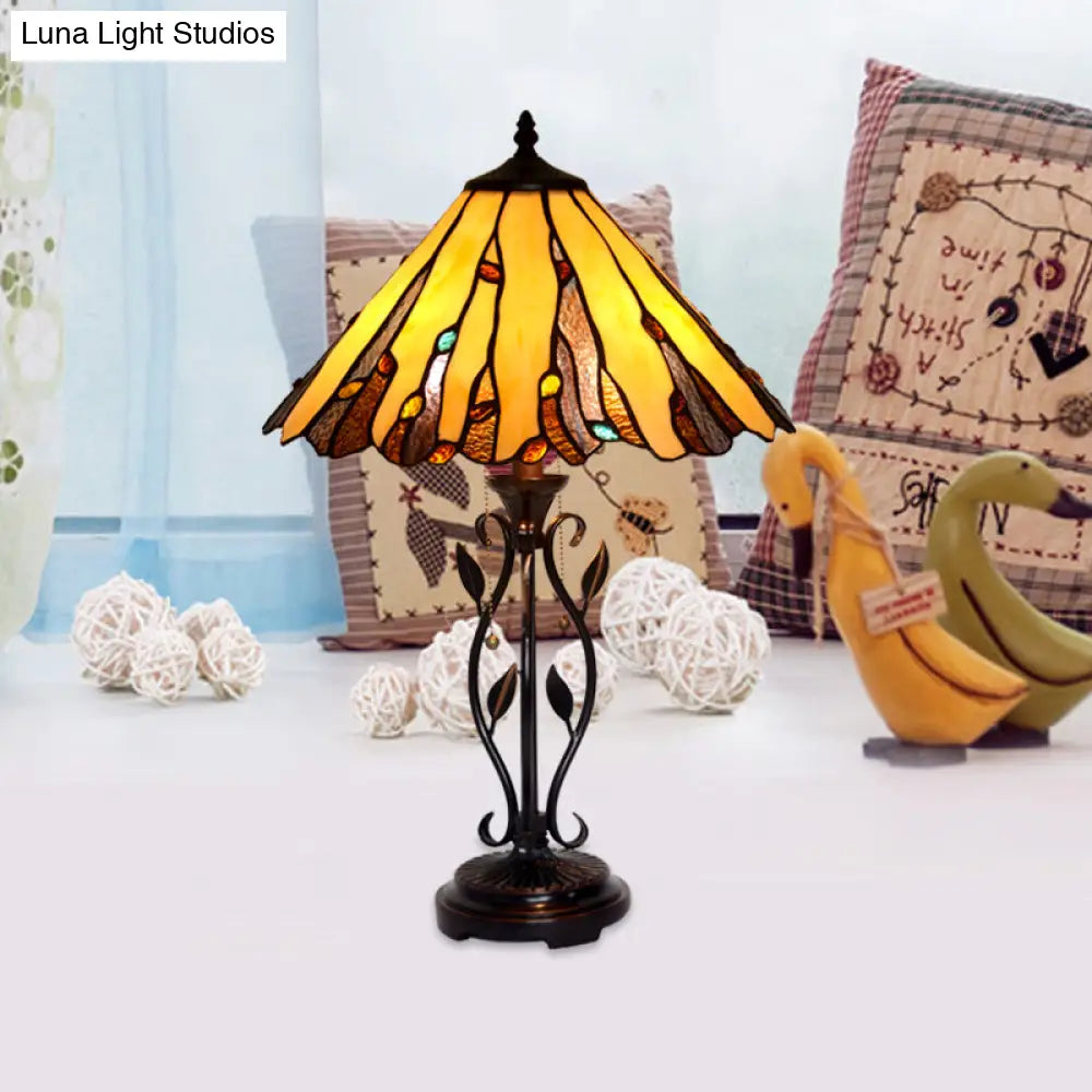 Tiffany Coffee Candle Table Lamp - Stained Glass Night Lighting With Pull-Chain And 2-Light Metal