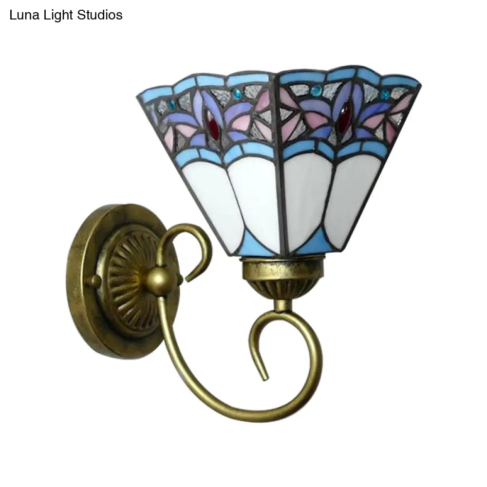 Tiffany Cone Purple-Blue Glass Sconce Light Fixture With Scrolling Arm - 1 Head Wall