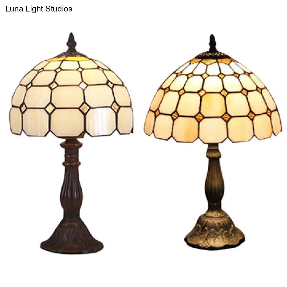 Tiffany Desk Lamp With Bead Glass Single Light - 12/8 Wide Lattice Bowl Design White For Office Or