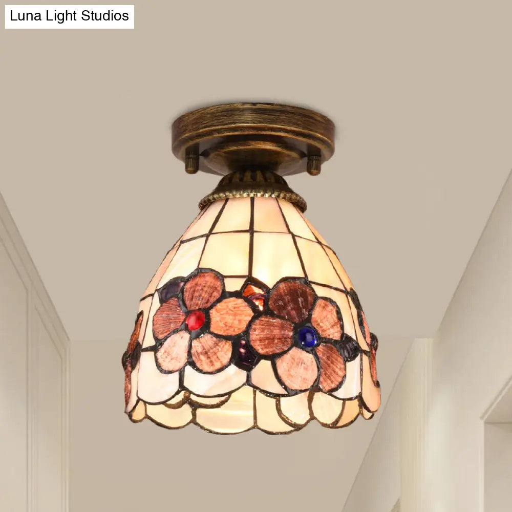 Tiffany Floral Bell Ceiling Light Fixture In Beige/Red - White/Pink For Living Room
