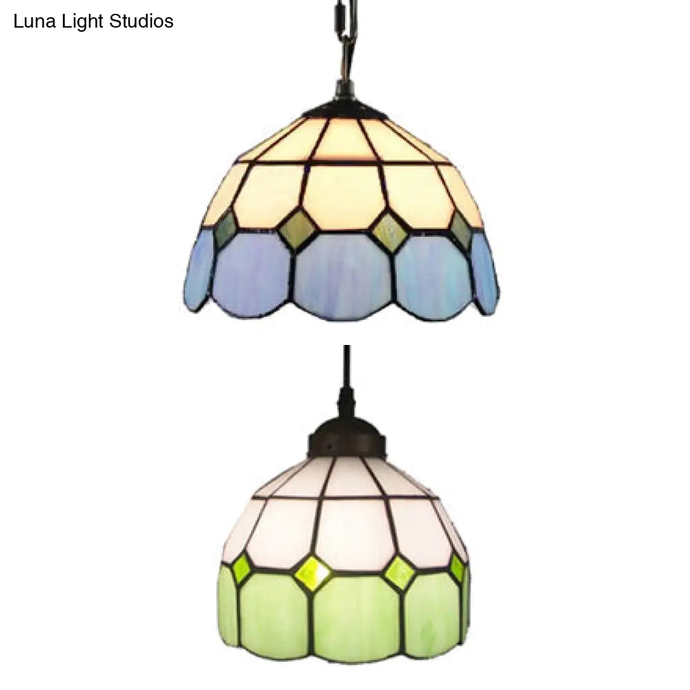 Tiffany Glass Ceiling Pendant Light - Green/Blue Hand Cut 1-Head Suspension Lamp For Restaurants