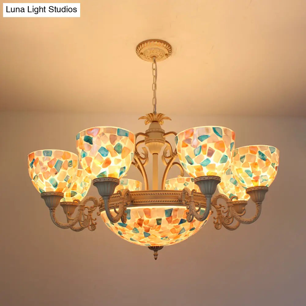 Tiffany Mosaic Pendant Chandelier - 9/11 Lights Shell Hanging Ceiling Light Beige Living Room