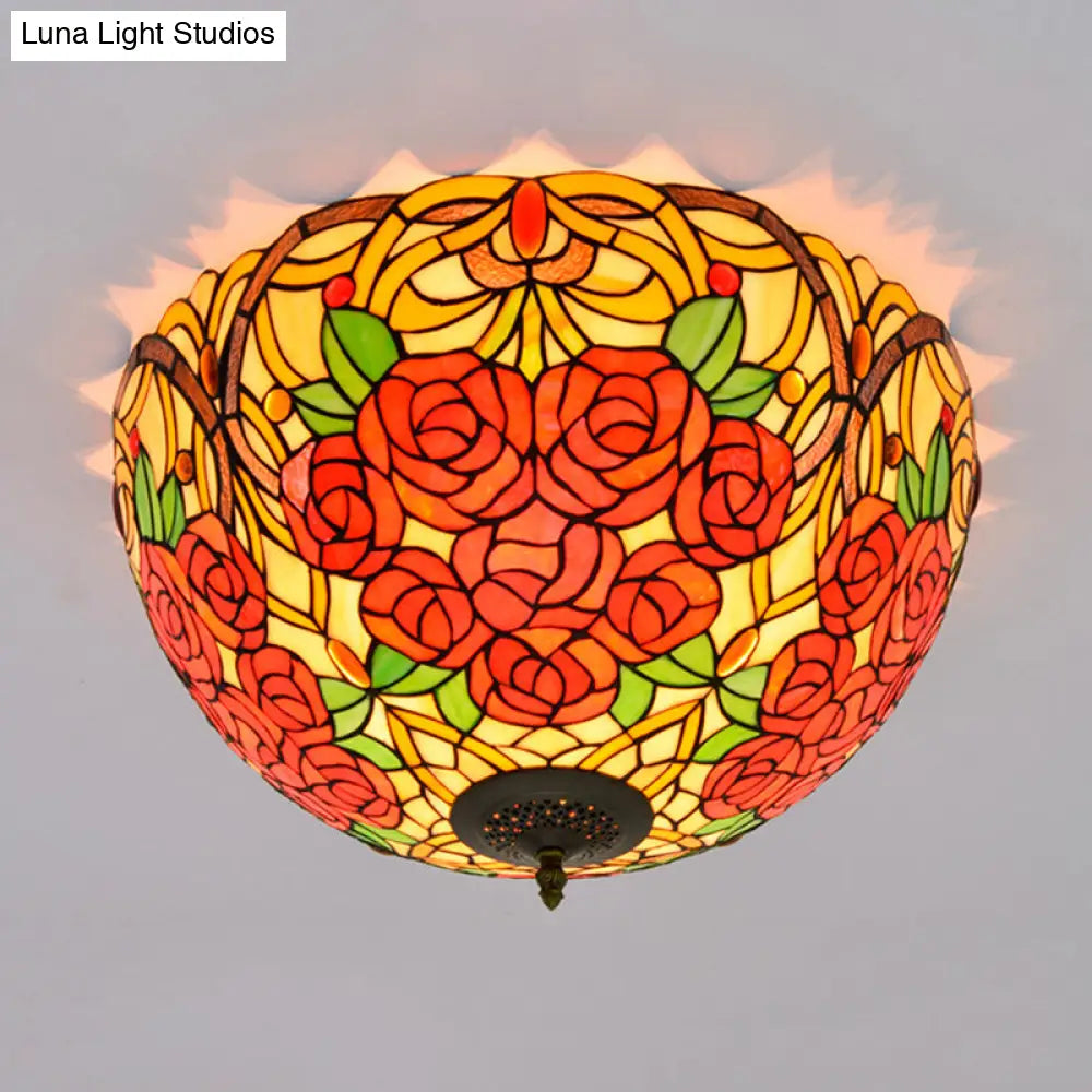 Tiffany Rose/Grape Flush Mount Lamp - Bronze Finish Stained Glass 5 Bulbs Close To Ceiling Lighting