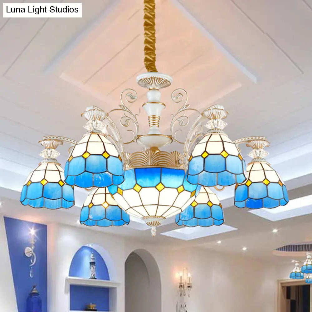 Tiffany Stained Glass Blue Chandelier Pendant Light with Grid Pattern 5/9/11 Lights