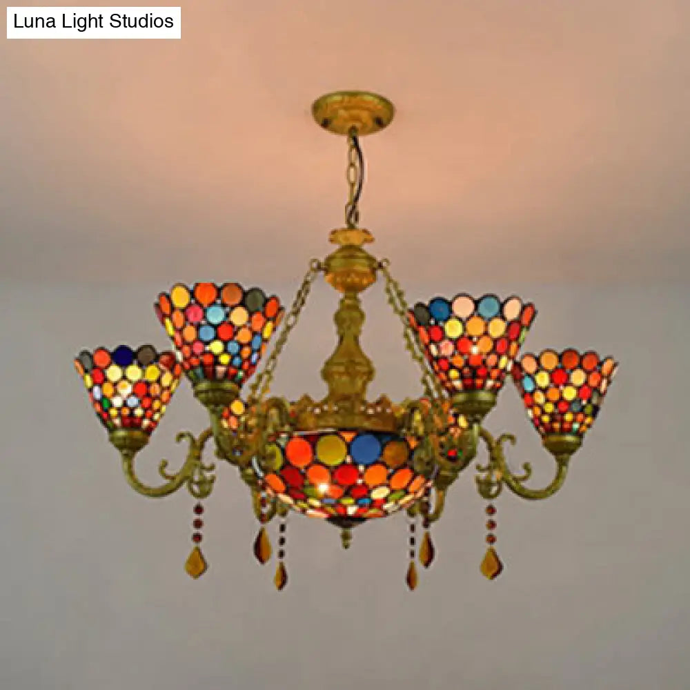 Tiffany Stained Glass Chandelier Light - 7-Light Cone Hanging Fixture With Colorful Circle Pattern