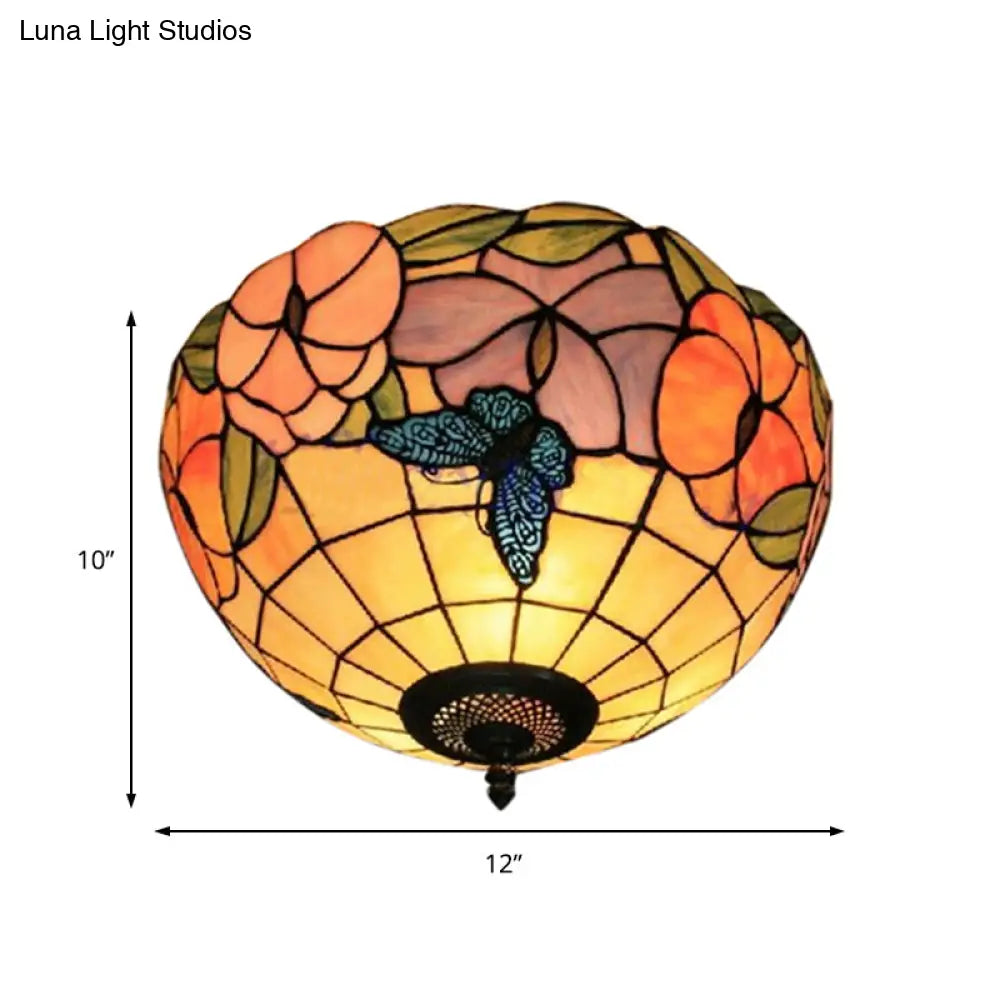 Tiffany Stained Glass Flush Mount Lighting With Flower And Butterfly Pattern In White - Bowl Shade