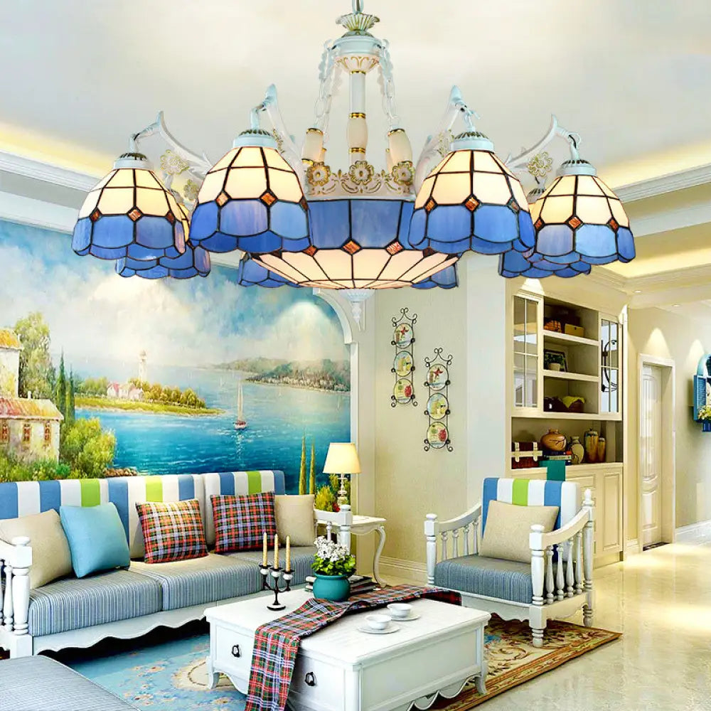 Tiffany Stained Glass Hanging Chandelier - 11 Light Pendant Ceiling With Flower/Square/Diamond/Gem