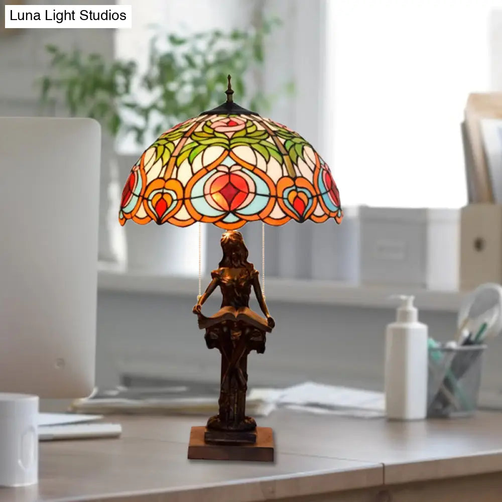 Tiffany Style Bedside Nightstand Lamp With Pull Chain And Stained Glass Shade - Orange/Yellow
