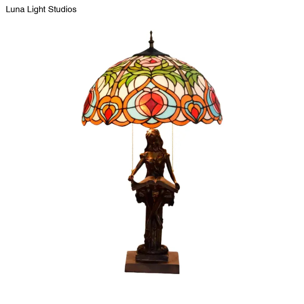 Tiffany Style Bedside Nightstand Lamp With Pull Chain And Stained Glass Shade - Orange/Yellow