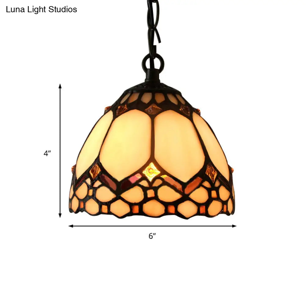 Tiffany-Style Beige Stained Glass Pendant Lamp - 1 Bulb Dome Down Lighting Suspension For Entryway