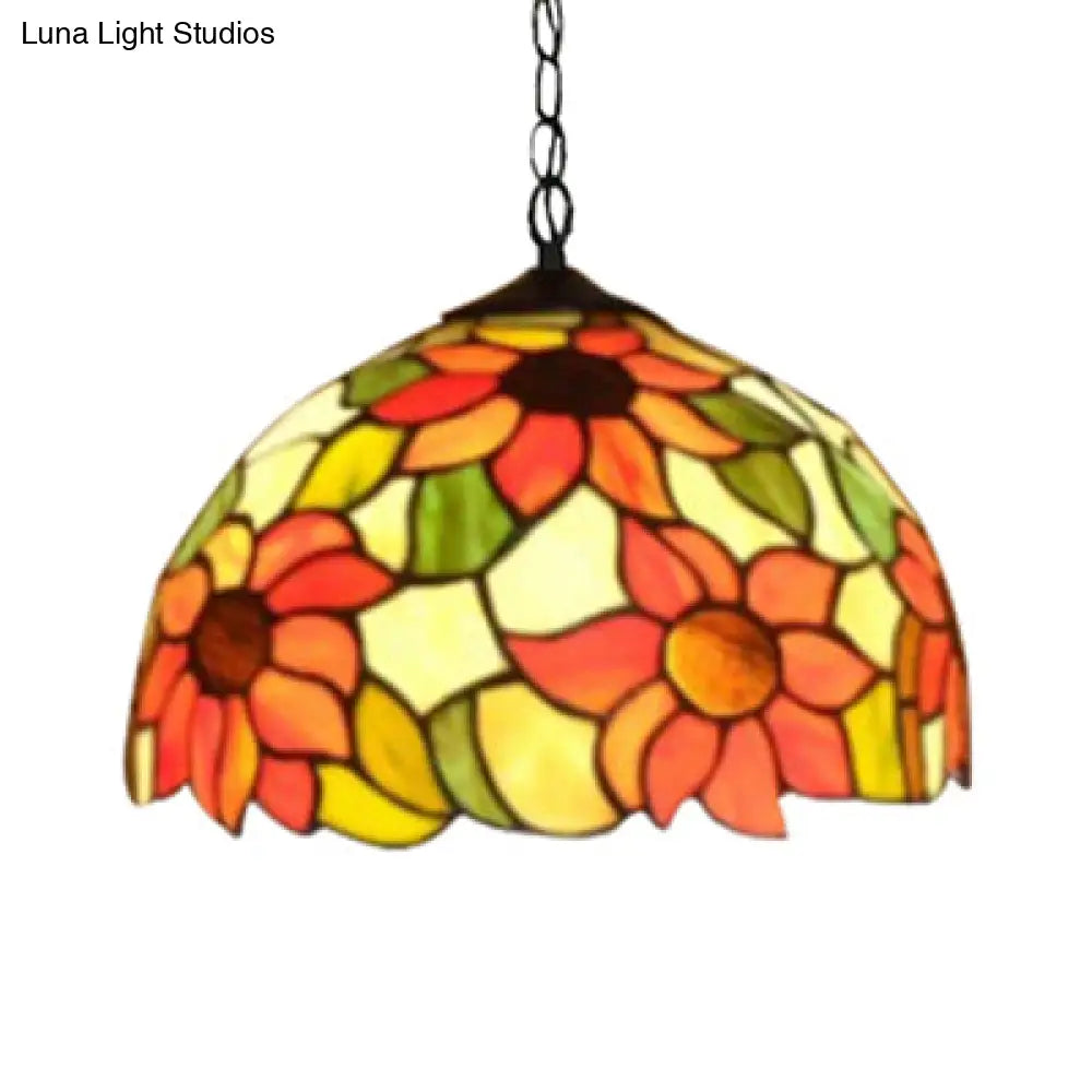 Tiffany-Style Black Hand Cut Glass Pendant Ceiling Light With Sunflower Pattern – 12’/16’