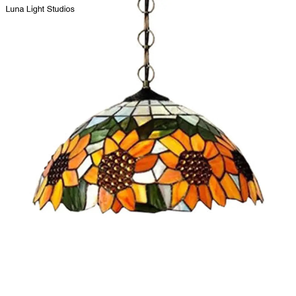 Tiffany-Style Black Hand Cut Glass Pendant Ceiling Light With Sunflower Pattern – 12’/16’