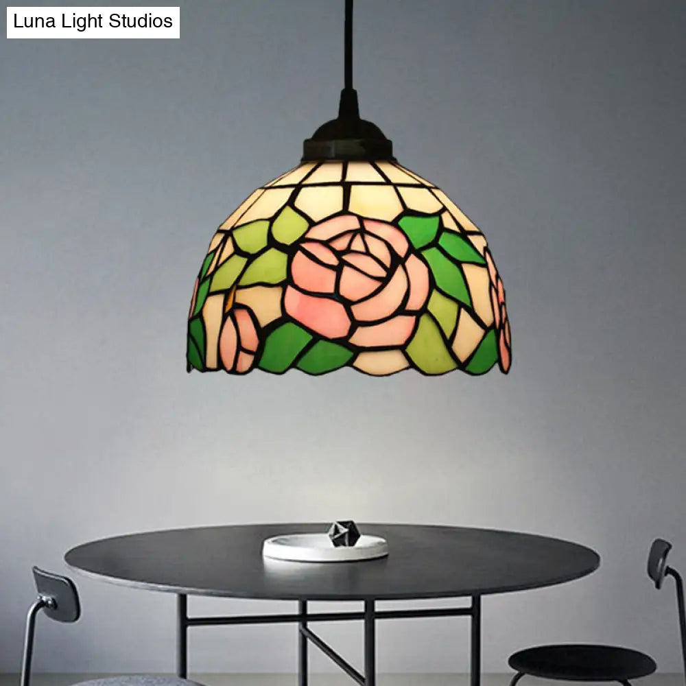 Tiffany Style Blossom Pendant Light Fixture Red/Pink/Green Cut Glass Bronze Down Lighting For