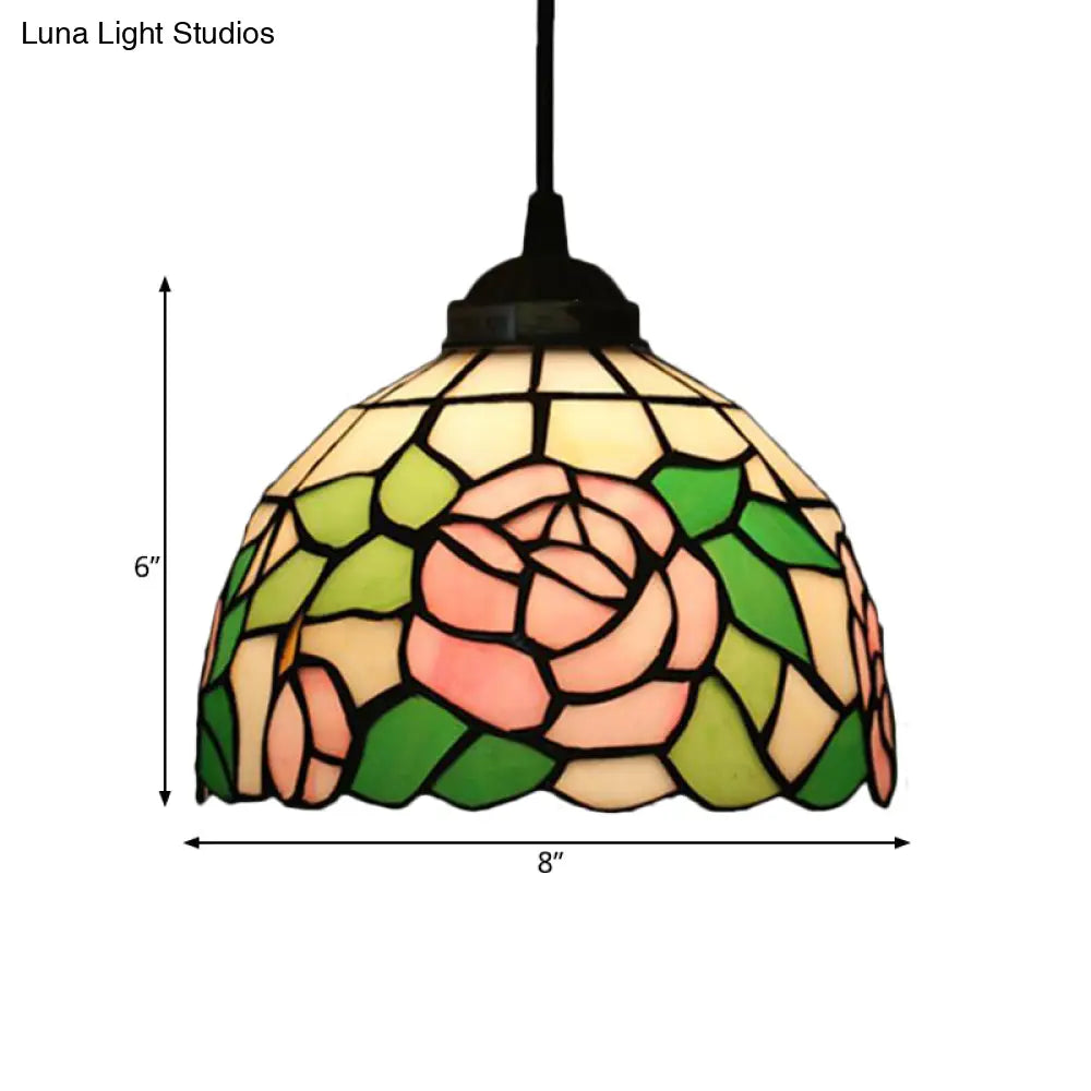 Tiffany Style Blossom Pendant Light Fixture Red/Pink/Green Cut Glass Bronze Down Lighting For