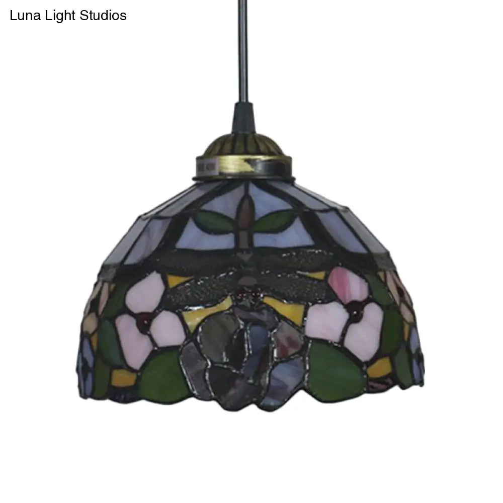 Tiffany Style Blossom Pendant Light Fixture Red/Pink/Green Cut Glass Bronze Down Lighting For