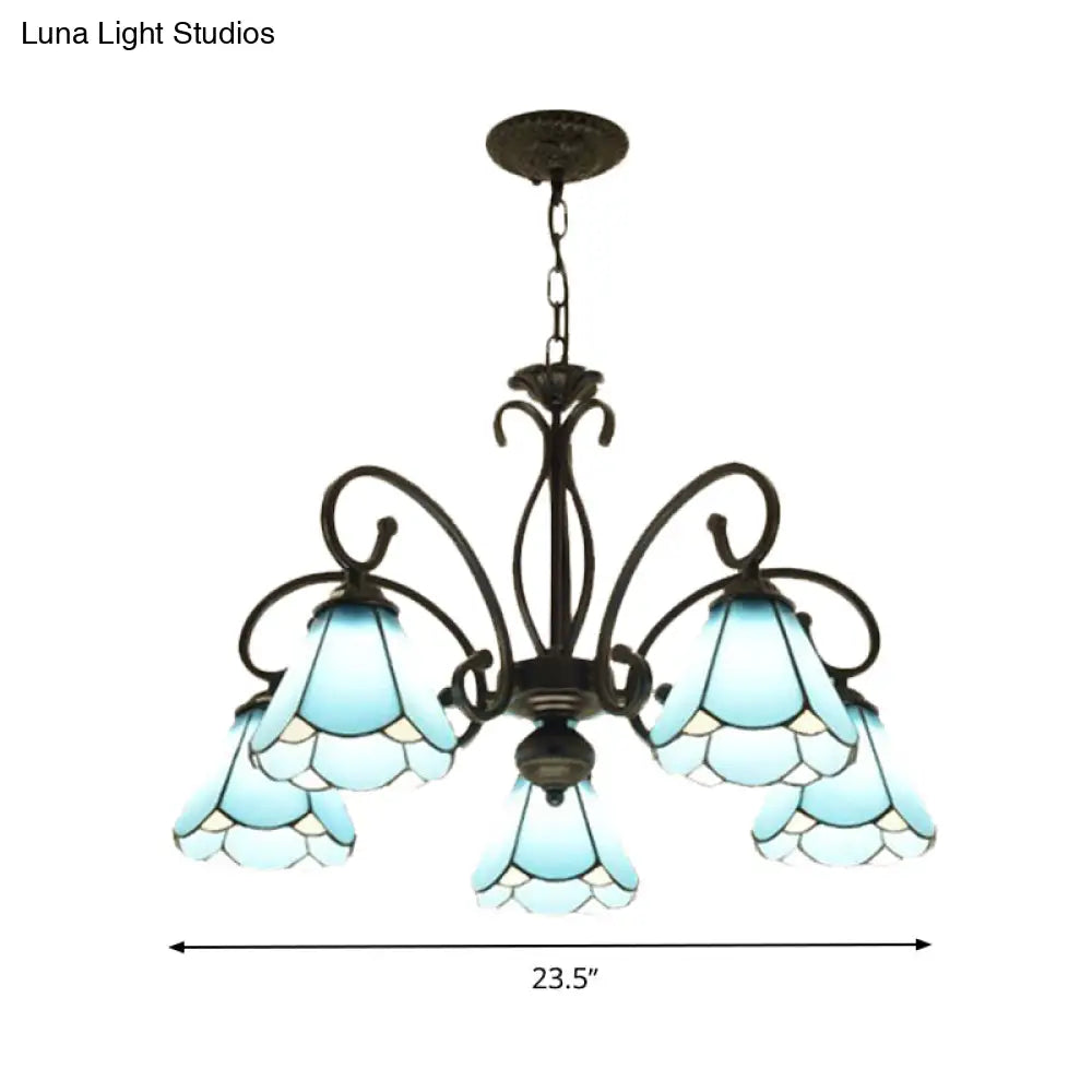 Tiffany Style Blue Glass Chandelier With Black Frame And Multiple Lights