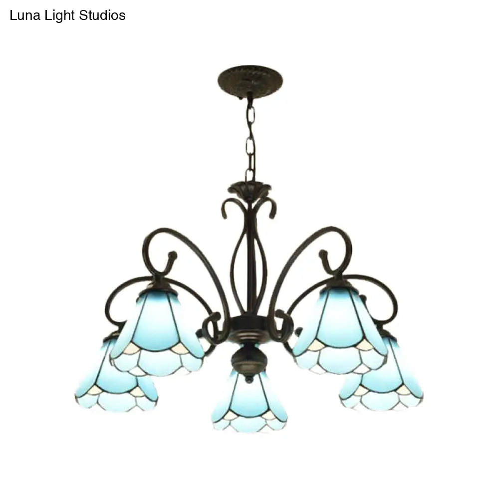 Tiffany Style Blue Glass Chandelier With Black Frame And Multiple Lights