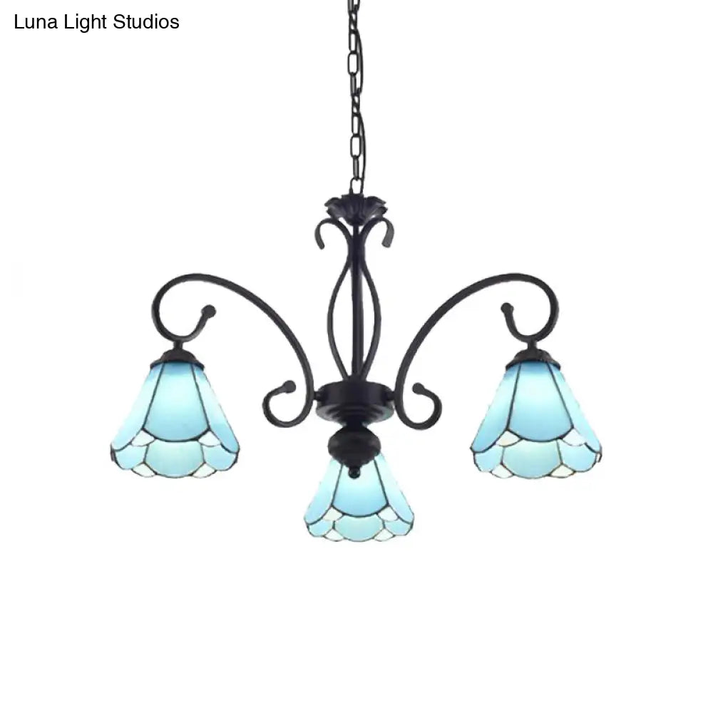Tiffany Style Blue Glass Chandelier With Black Frame And Multiple Lights