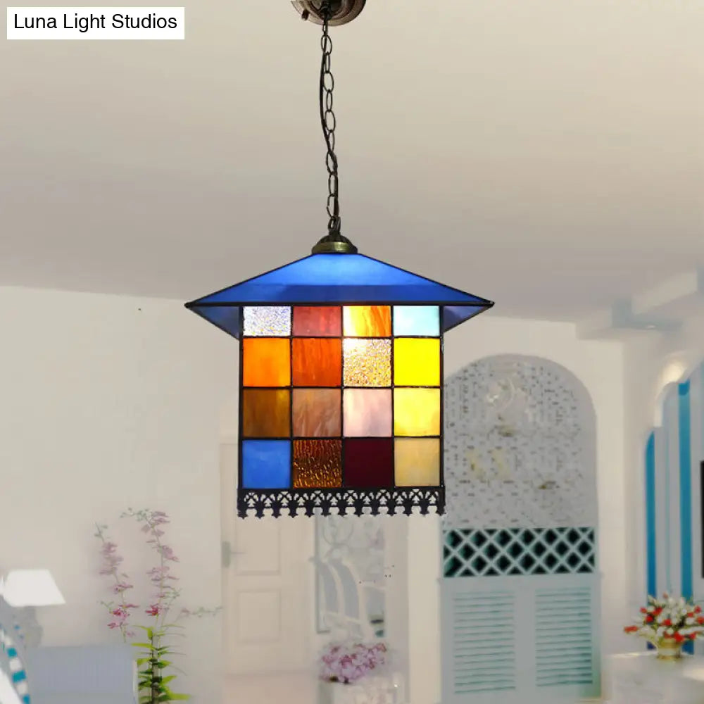 Tiffany-Style Blue Glass Pendant Lamp With Stainless Steel Shade - 6’ And 8’ Width Options