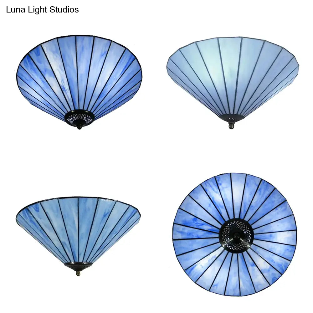 Tiffany-Style Cone Flush Mount Ceiling Light In Blue/White For Bedroom