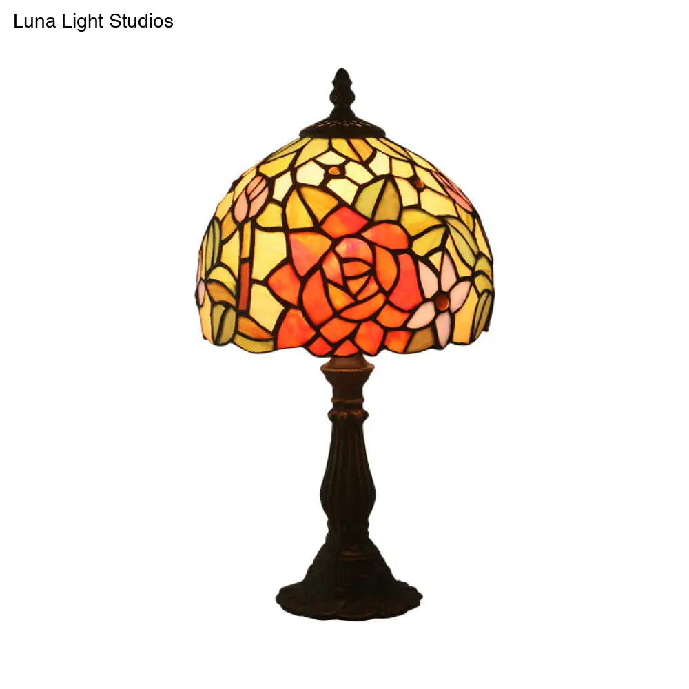 Tiffany-Style Cut Glass Bronze 1-Head Night Table Light With Yellow/Orange/Purple Rose Patterned