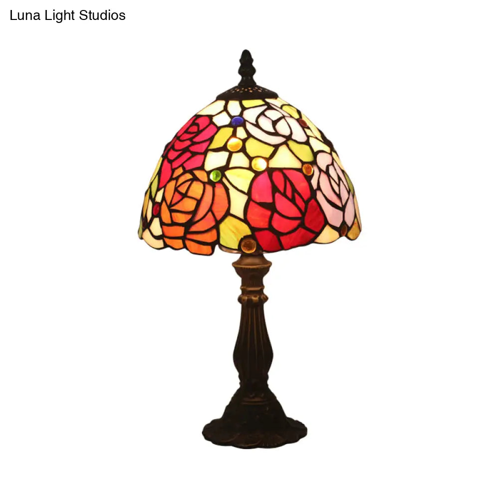 Tiffany-Style Cut Glass Bronze 1-Head Night Table Light With Yellow/Orange/Purple Rose Patterned