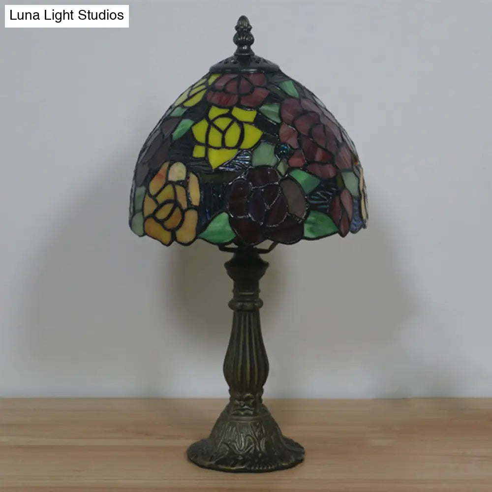 Tiffany-Style Cut Glass Bronze 1-Head Night Table Light With Yellow/Orange/Purple Rose Patterned