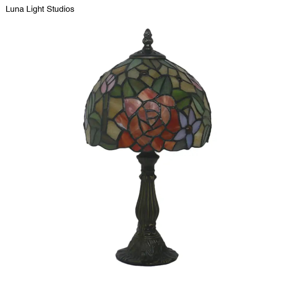 Tiffany-Style Cut Glass Bronze 1-Head Night Table Light With Yellow/Orange/Purple Rose Patterned