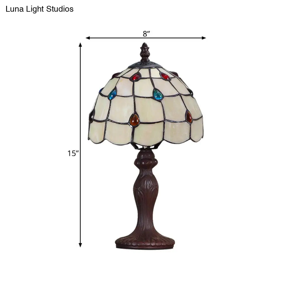 Tiffany Style Dark Brown Stained Glass Table Lamp With Jewel-Embellished Scalloped Shade