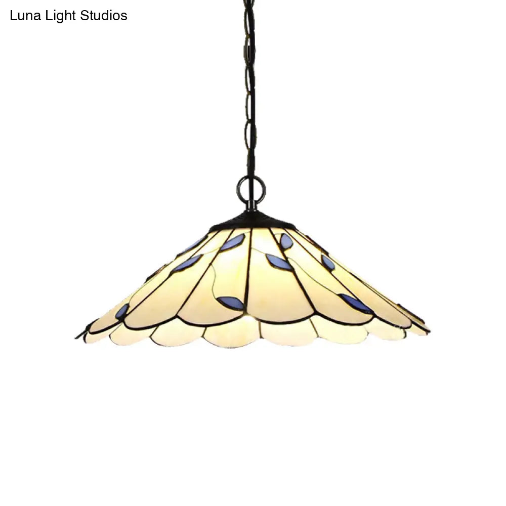Tiffany-Style Flared Pendant Ceiling Light - Beige Stained Glass With Leaf Pattern