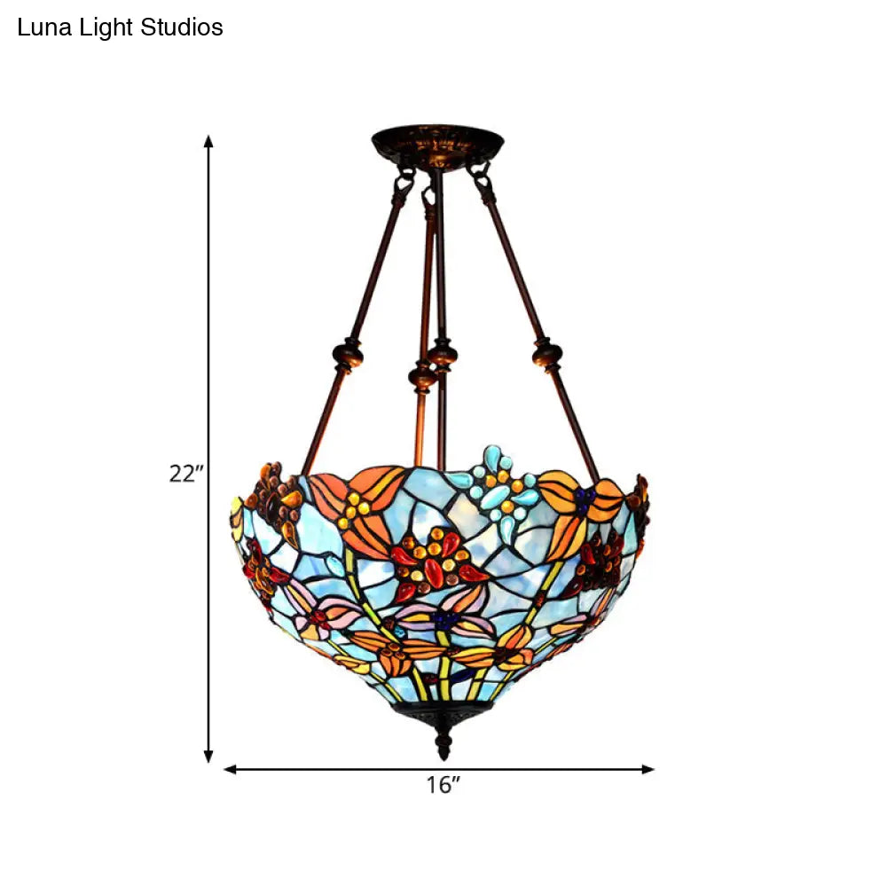 Tiffany Style Flower Cut Glass Semi Mount Ceiling Flush Light - Red/Orange/Blue 2 Lights Bronze