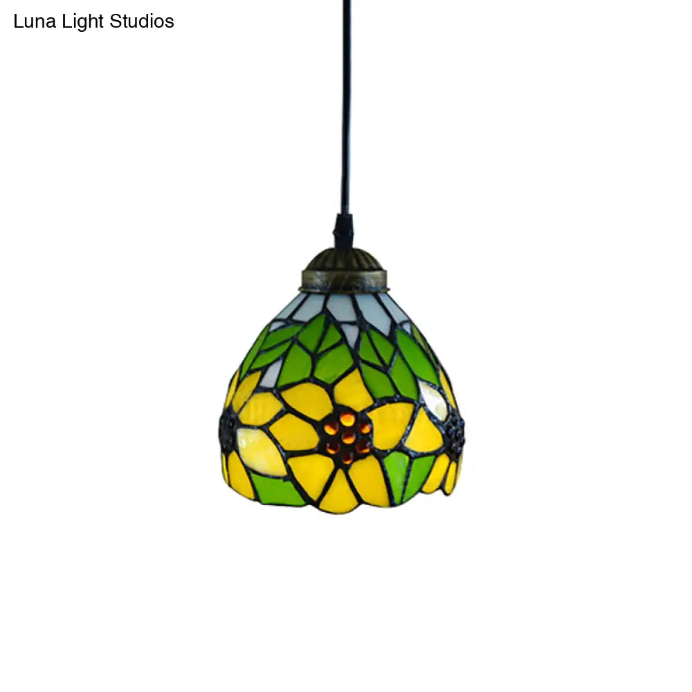 Tiffany-Style Hand Cut Glass Pendant Ceiling Light - Green/Orange Flare Design Ideal For Living Room