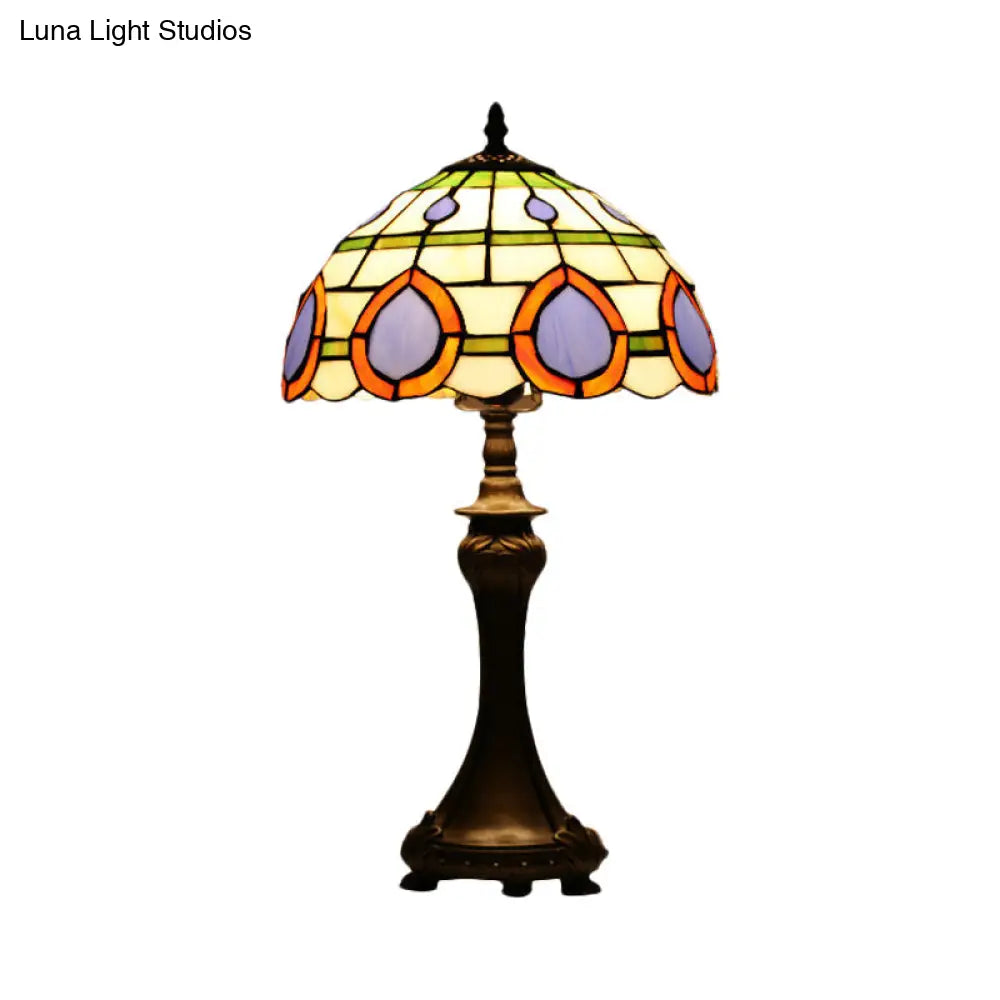 Tiffany Style Painted Diamond Grid Glass Table Lamp With Bronze Base - 1 Head Nightstand Light
