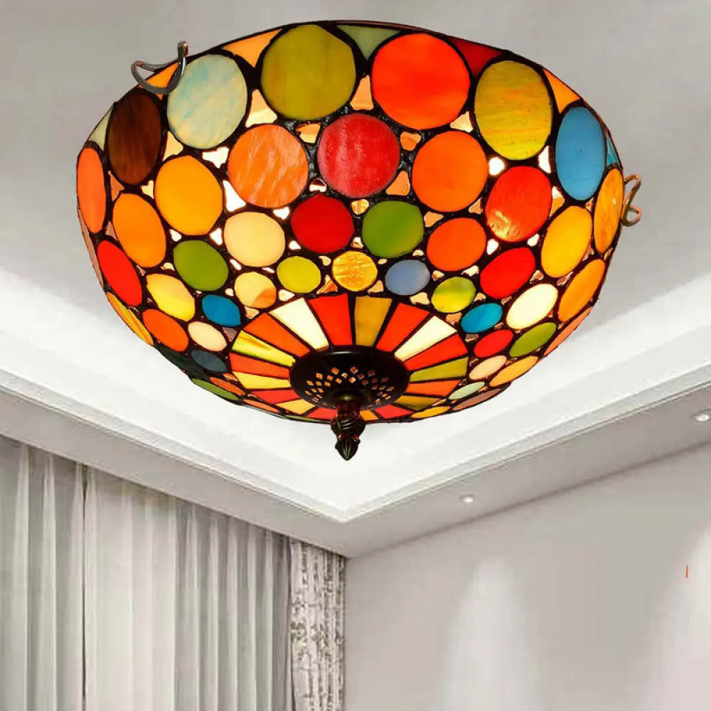 Tiffany Style Red Flushmount Bedroom Light Fixture - 2/3 Lights Dome Stained Glass Shade 12/16 Wide