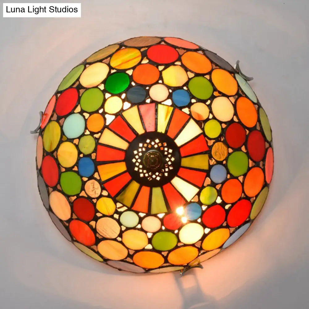 Tiffany Style Red Flushmount Bedroom Light Fixture - 2/3 Lights Dome Stained Glass Shade
