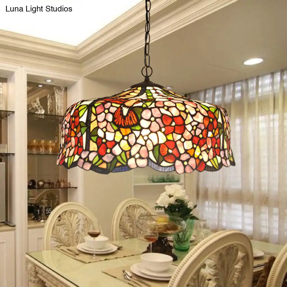 Tiffany-Style Red Stained Glass Floral Chandelier With 2/3 Lights 16“/19.5“ Wide