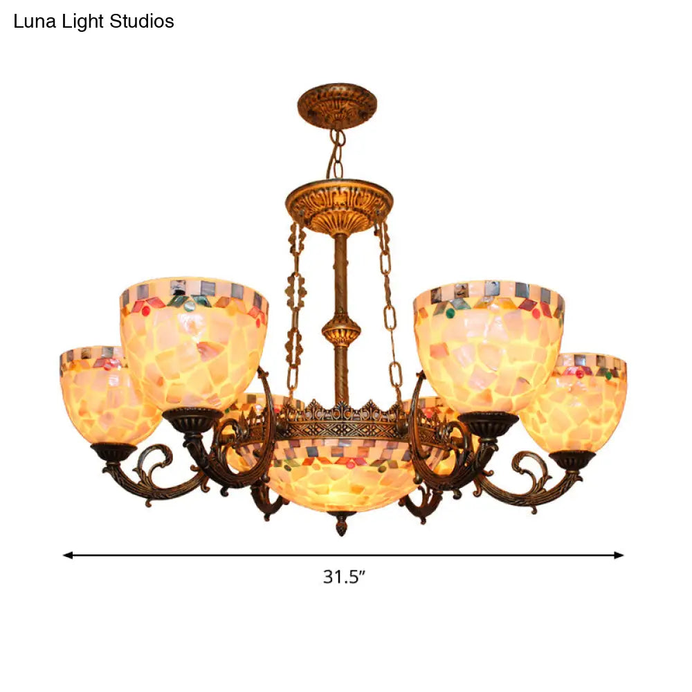 Tiffany-Style Shell Domed Ceiling Chandelier With Adjustable Beige Suspension - 5/9/11 Lights For