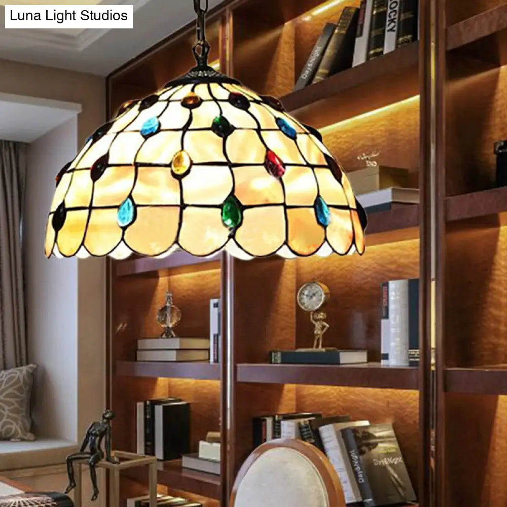 Tiffany-Style Stained Glass Bowl Pendant Lamp With Two Beige Heads And Gemstone Cabochons -