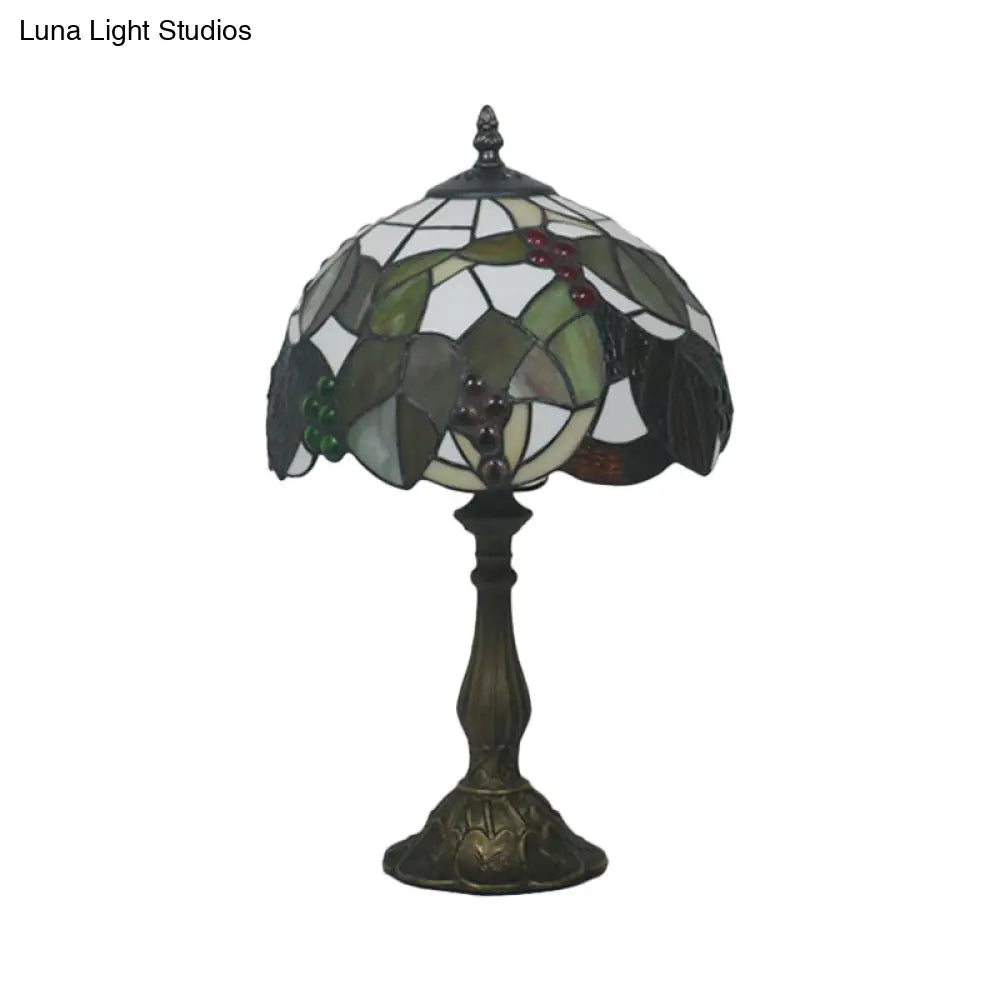 Tiffany Style Stained Glass Desk Light With Bronze Leaf And Fruit Pattern - Bowl Shape 1-Head Night