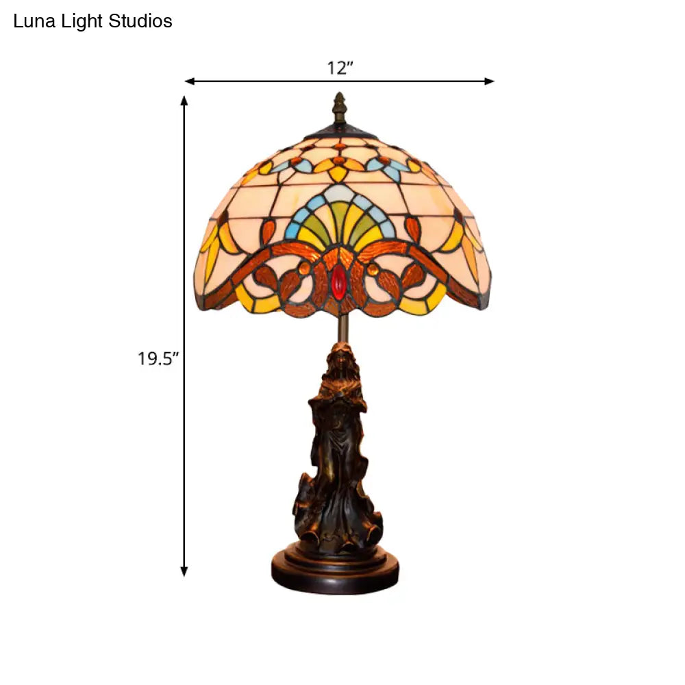 Tiffany Style Stained Glass Dome Table Lamp - Beige/Blue Color Bronze Finish Angel Decoration 1 Bulb