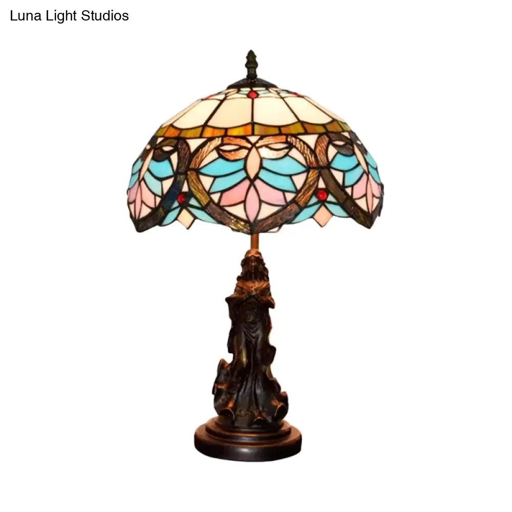 Tiffany Style Stained Glass Dome Table Lamp - Beige/Blue Color Bronze Finish Angel Decoration 1 Bulb