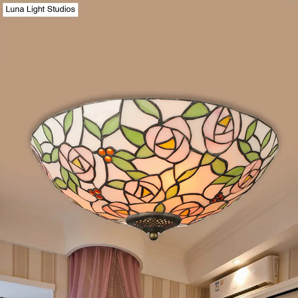 Tiffany Style Stained Glass Flushmount Light: Bowl Flower Ceiling Fixture Multicolor 3 Lights