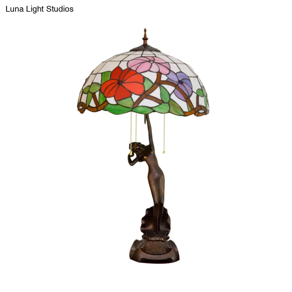 Tiffany-Style Stained Glass Table Lamp: Red/Orange Pull-Chain Nightstand Light With Flowering Design